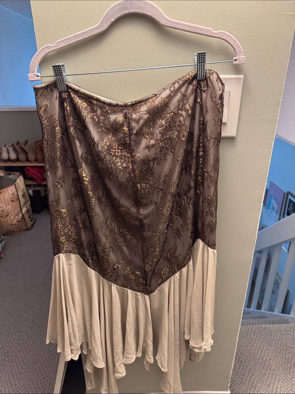 Urban Outfitters Brown Lace Overlay High-Low Skirt with Cream Hem